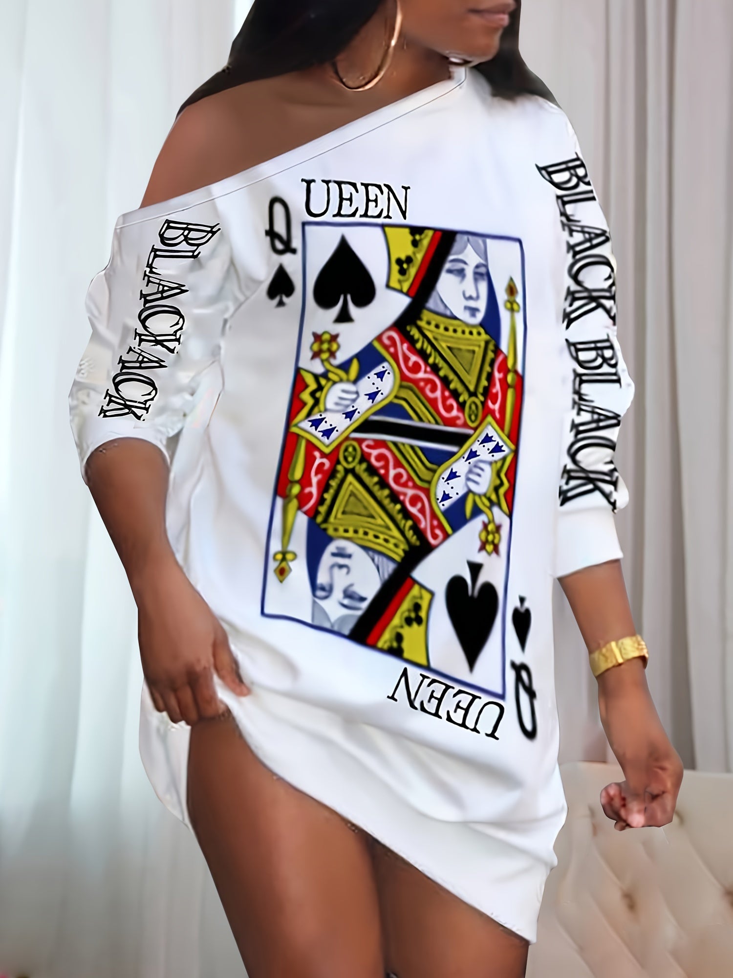 Women's Poker Print Sexy Lounge Dress, One Shoulder Long Sleeve Slash Neck Dress, Comfortable Home Wear For Fall